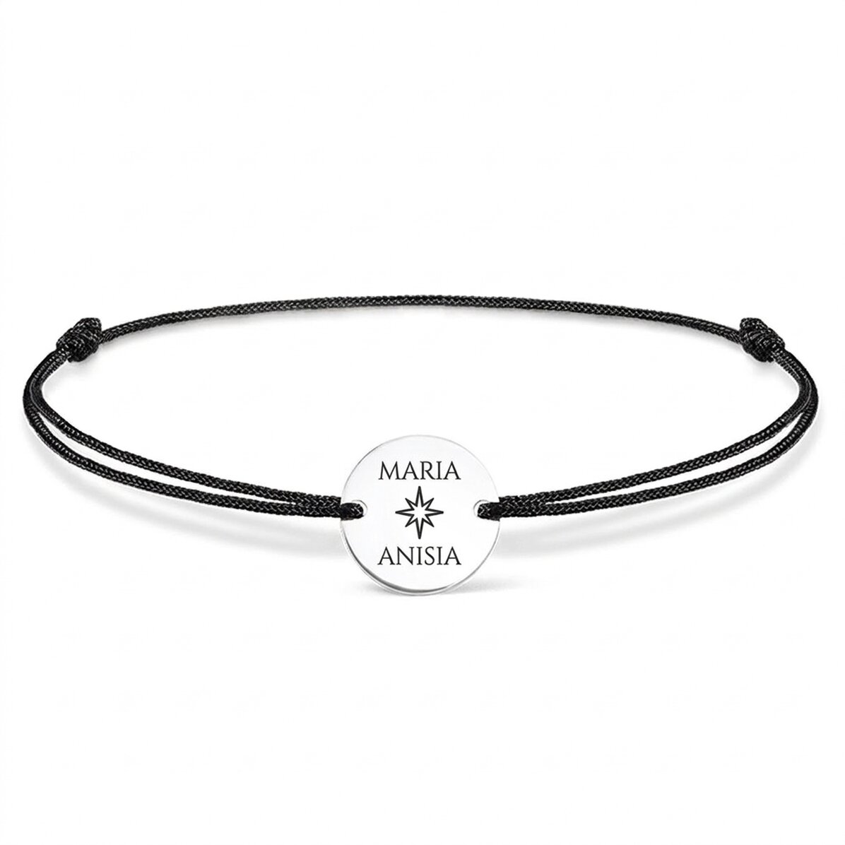 Bracelet à cordon personnalisé - médaille de 14 mm - argent 925 - modèle étoile avec 2 prénoms