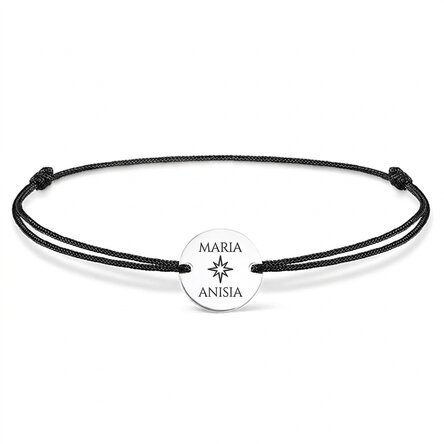 Bracelet à cordon personnalisé - médaille de 14 mm - argent 925 - modèle étoile avec 2 prénoms