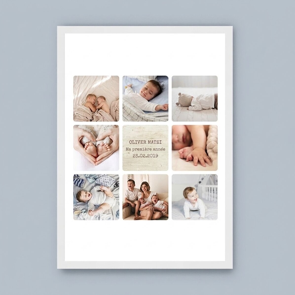 Tableau personnalisé avec un texte et 8 photos - La première année de bébé