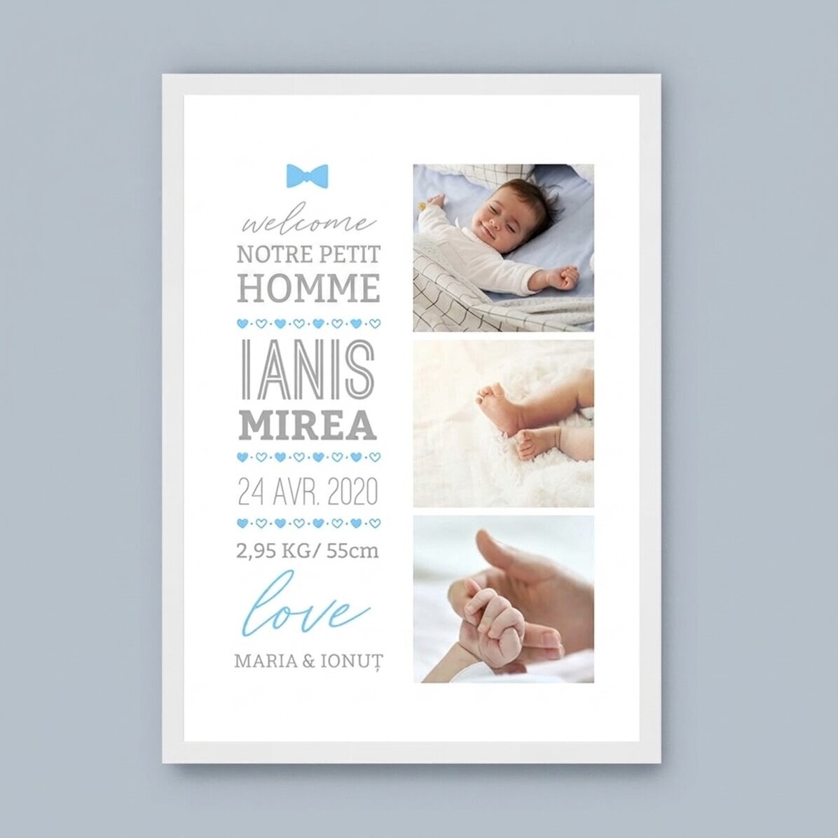 Tableau personnalisé avec un texte et 3 photos - Hello, baby (Garçon)
