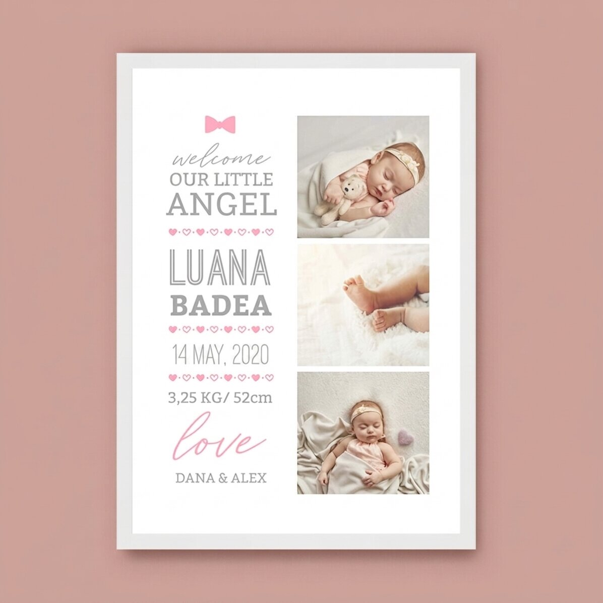 Tableau personnalisé avec un texte et 3 photos - Hello, baby (Fille)
