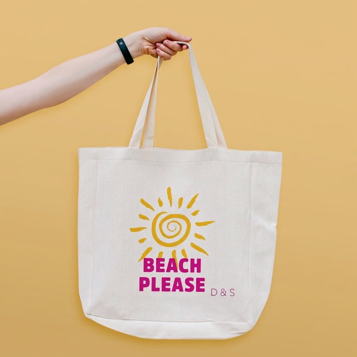Sac de plage personnalisé avec inscription - Modèle « Beach please » avec motif soleil