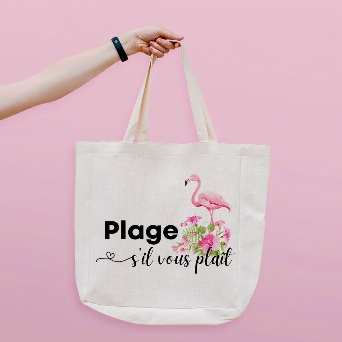 Sac de plage personnalisé avec inscription - Modèle « Beach please » avec flamant rose