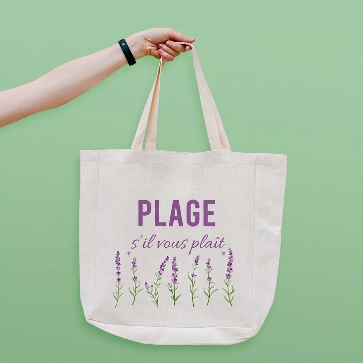 Sac de plage personnalisé avec inscription - Modèle « Beach please » couleur lavande