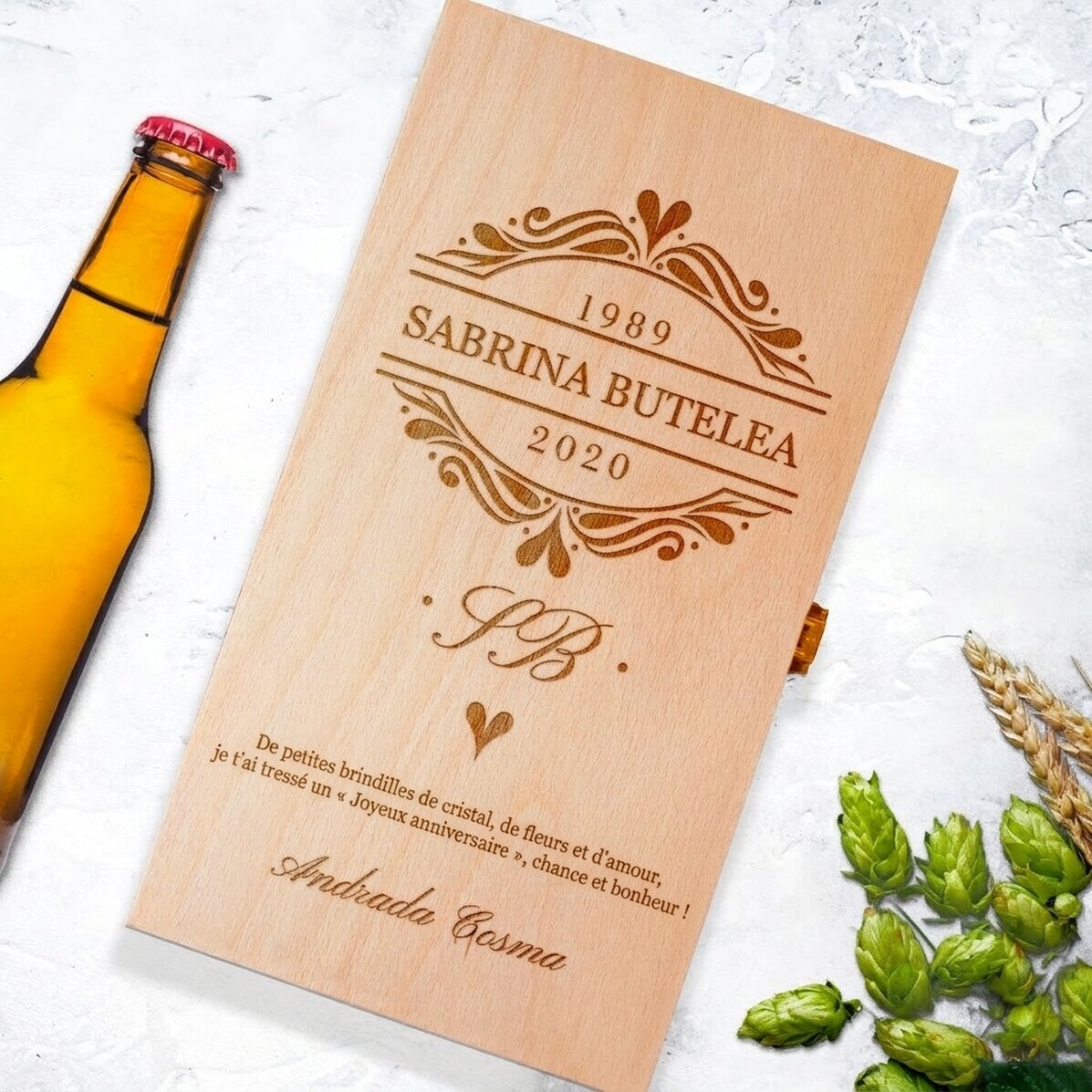 Coffret à bière personnalisé pour trois bouteilles - Initiales élégantes