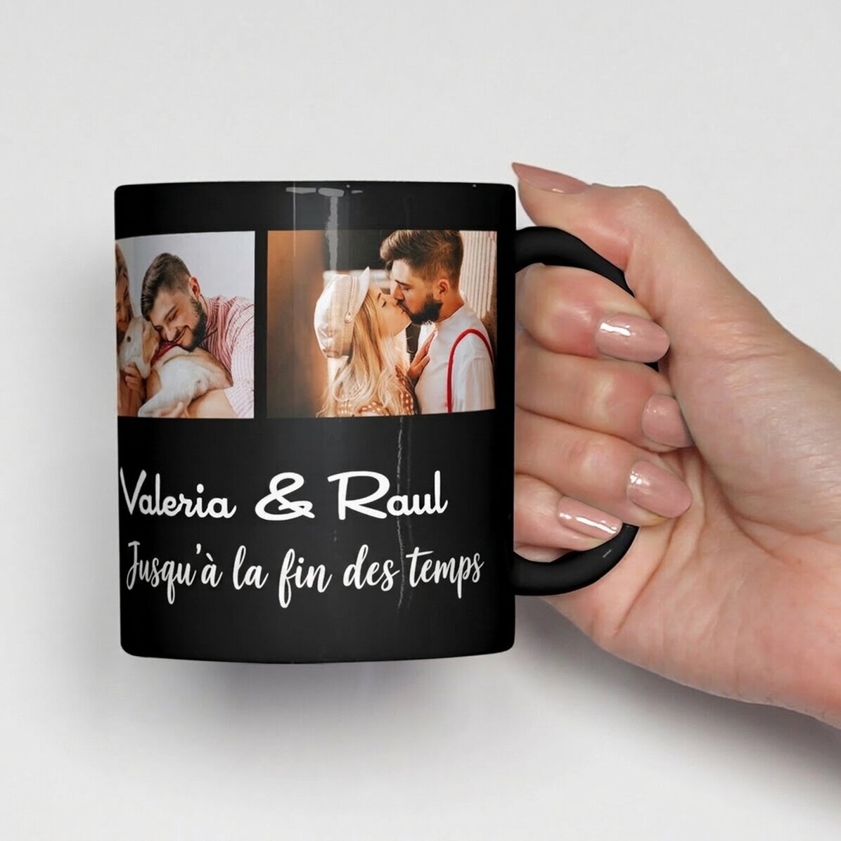 Tasse noire personnalisée avec 3 photos et un texte à télécharger