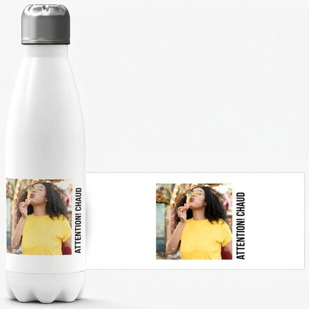 Thermos à base blanche personnalisé avec une photo et un texte