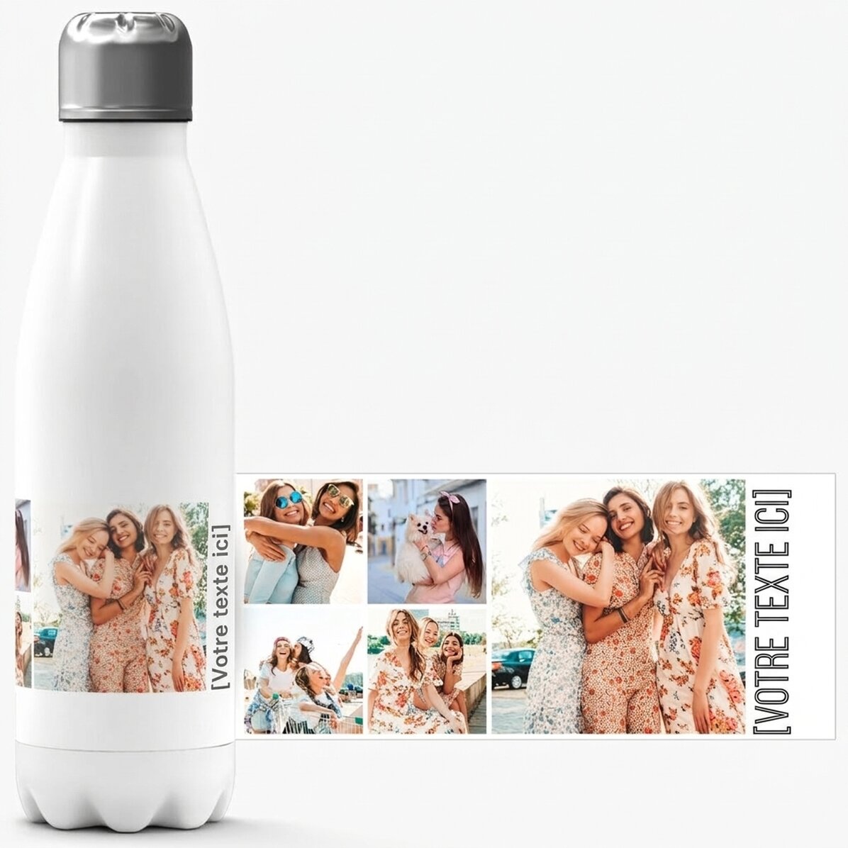Thermos à base blanche personnalisé avec 5 photos et un texte