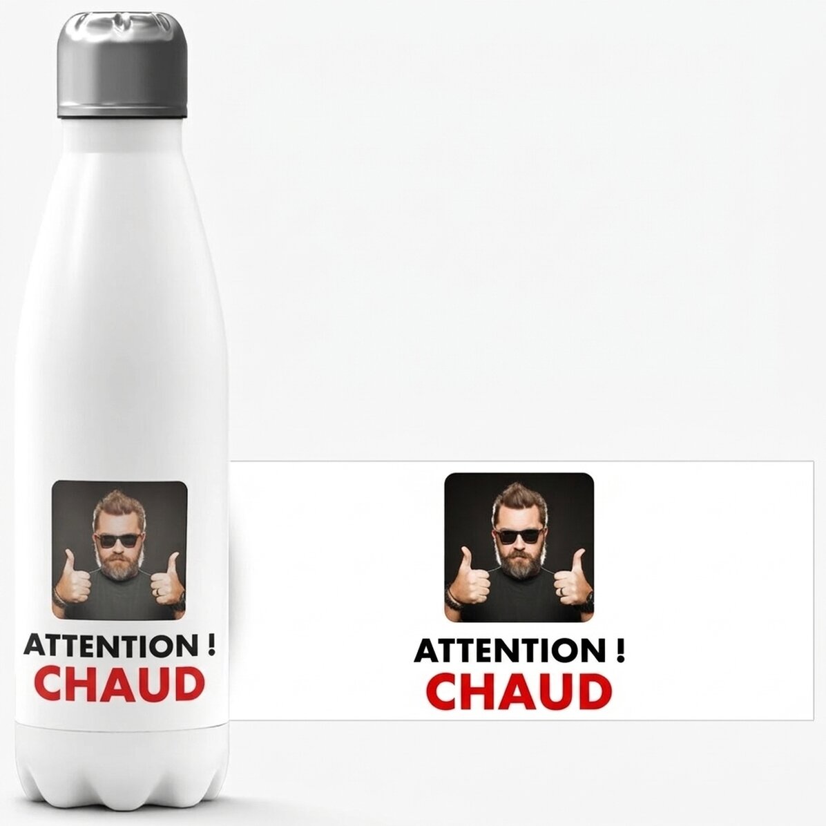 Thermos à base blanche personnalisé avec une photo et un texte - Fierbinte
