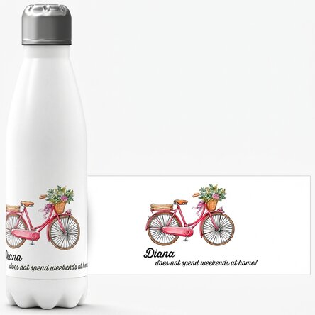 Thermos with white base personalised with text - retro bicycle model
