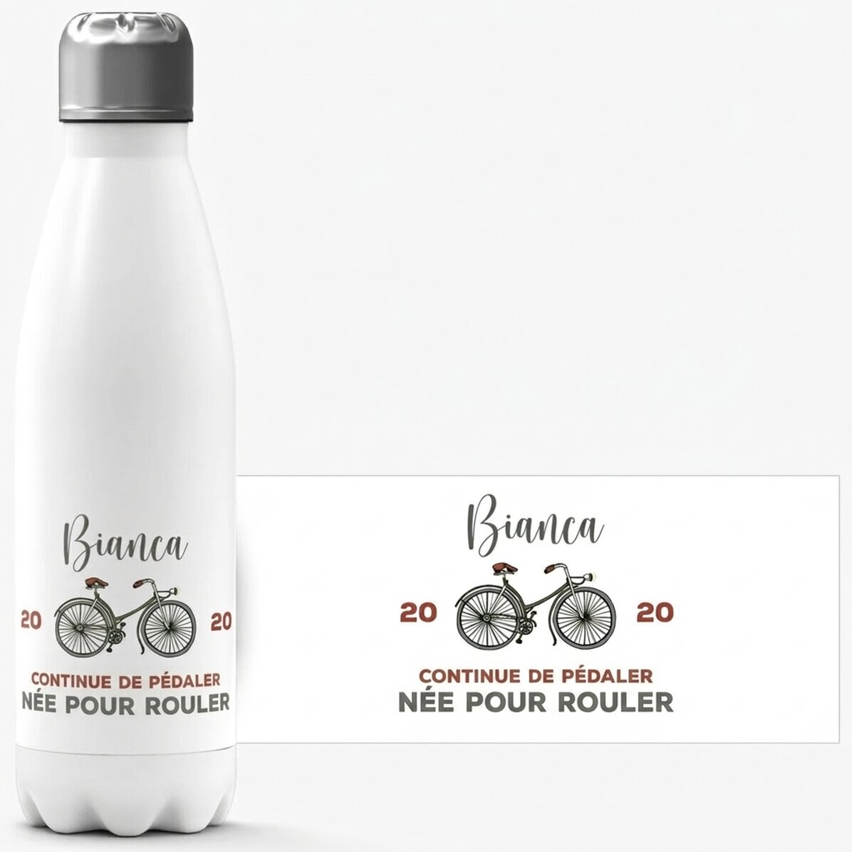 Thermos à base blanche personnalisé avec un nom et un texte - Vélo