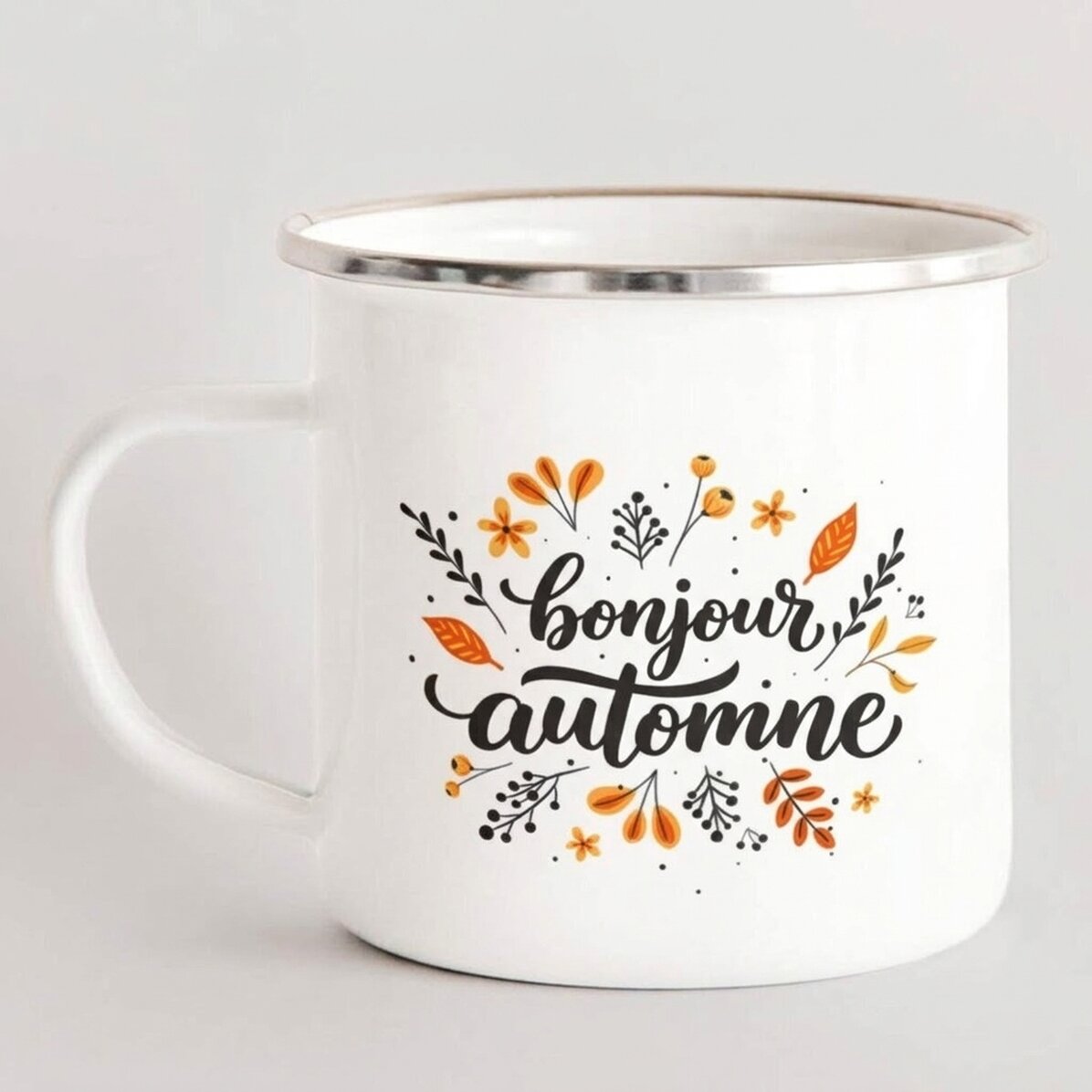 Tasse en métal émaillée avec inscription - « hello autumn »