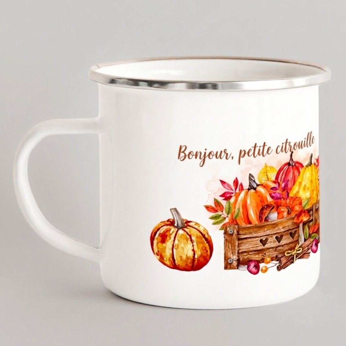 Tasse en métal émaillée avec inscription - Hello, pumpkin