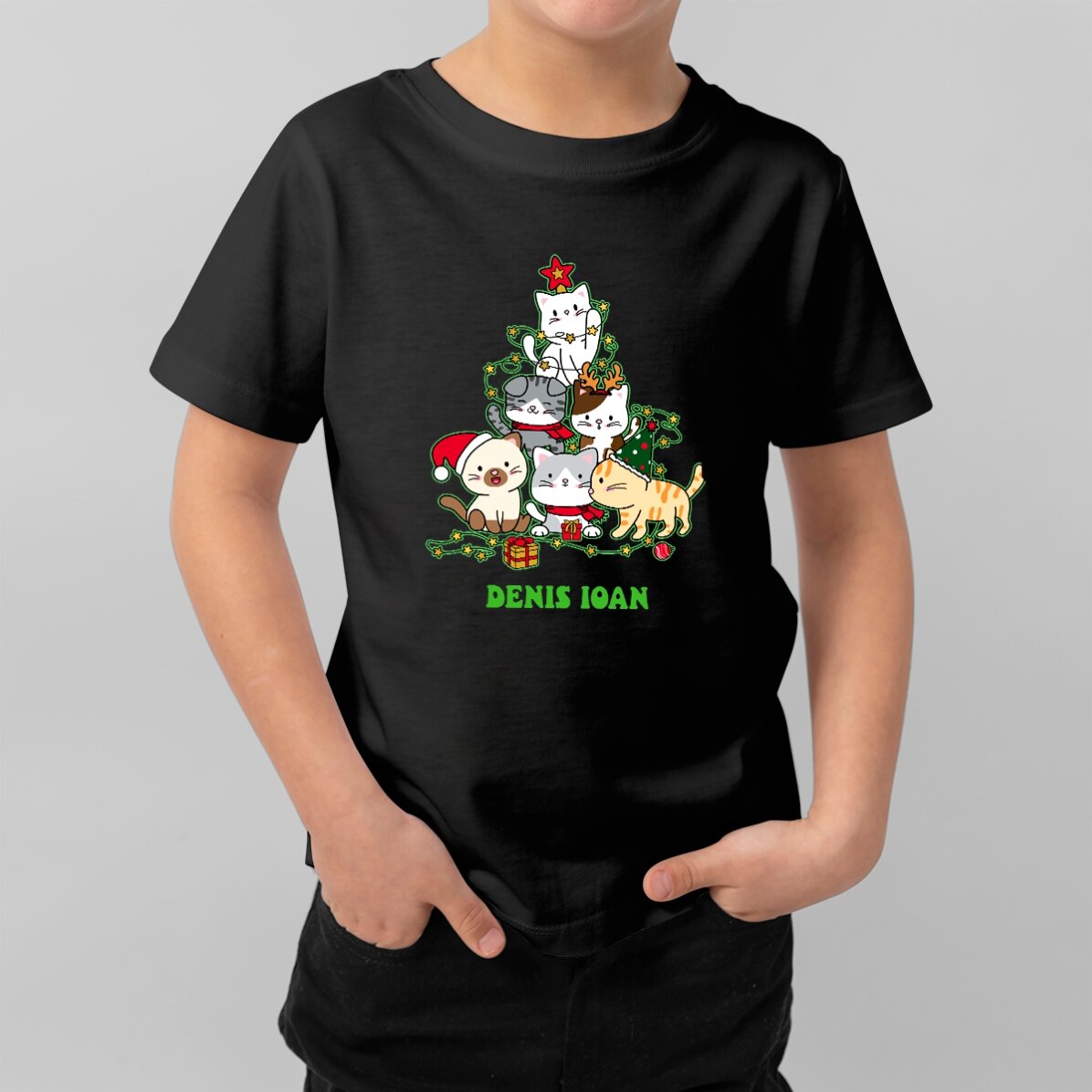 T-shirt en coton pour enfants personnalisé avec un texte - Catmas tree
