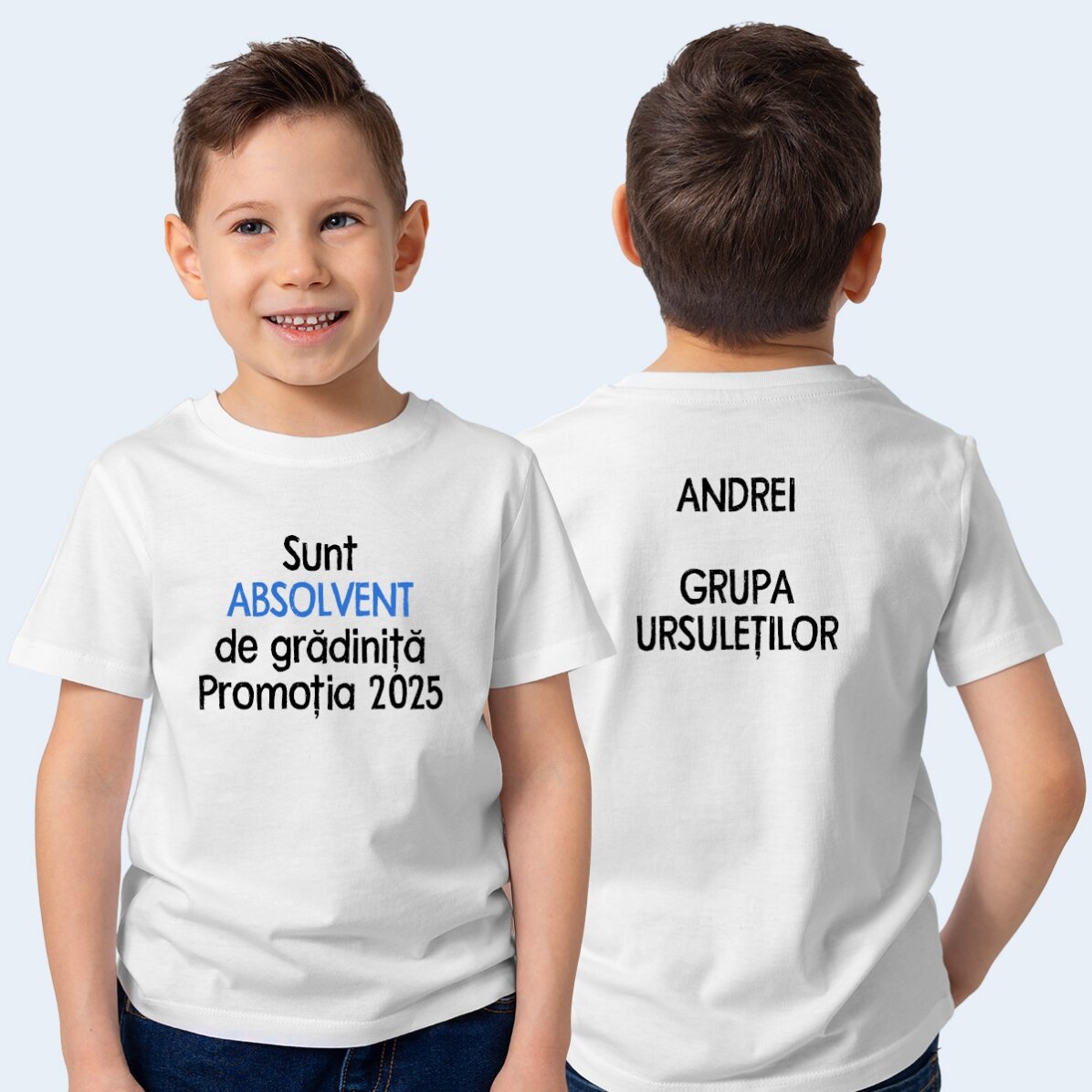 T-shirt en coton pour enfants, personnalisé avec un texte au recto et au verso