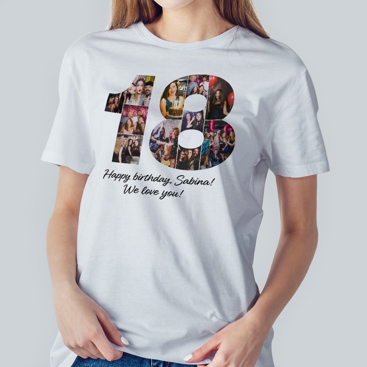 T-shirt en coton personnalisé avec 11 photos et un texte pour fêter ses 18 ans