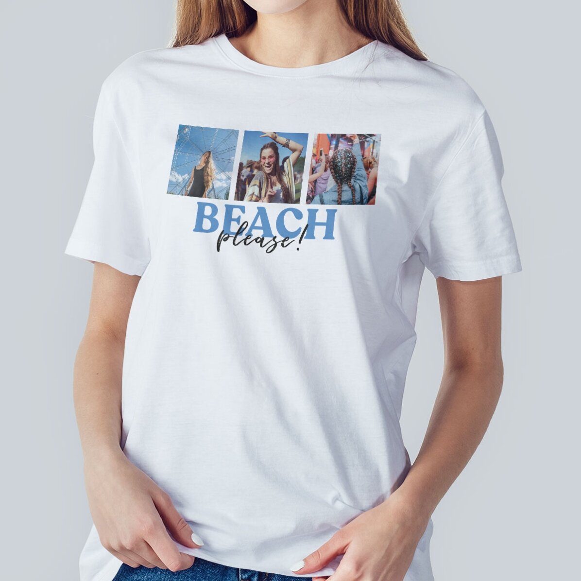 T-shirt en coton personnalisé avec 3 photos et un message - Beach, please !