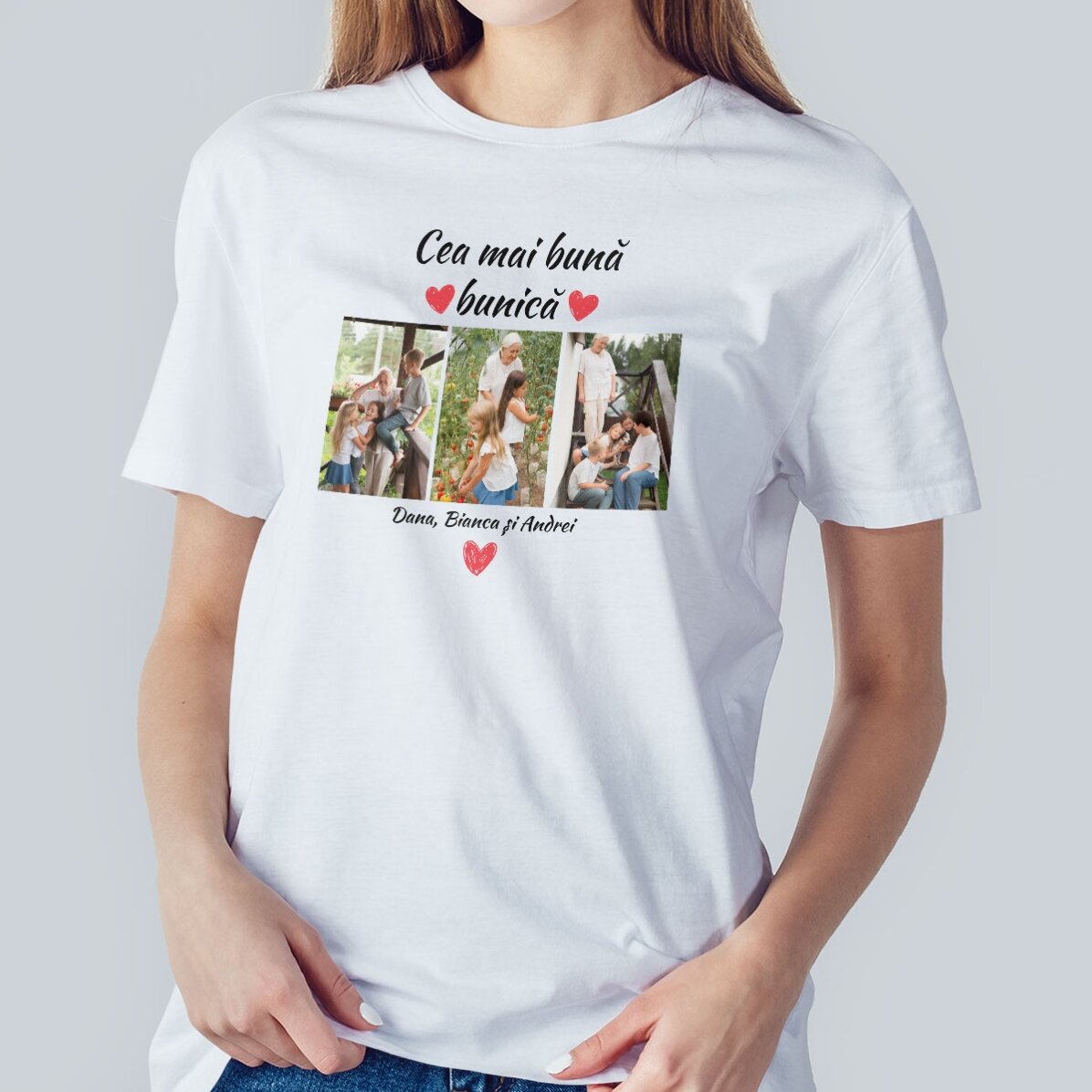 T-shirt en coton personnalisé avec 3 photos et un texte - Les meilleurs grands-parents