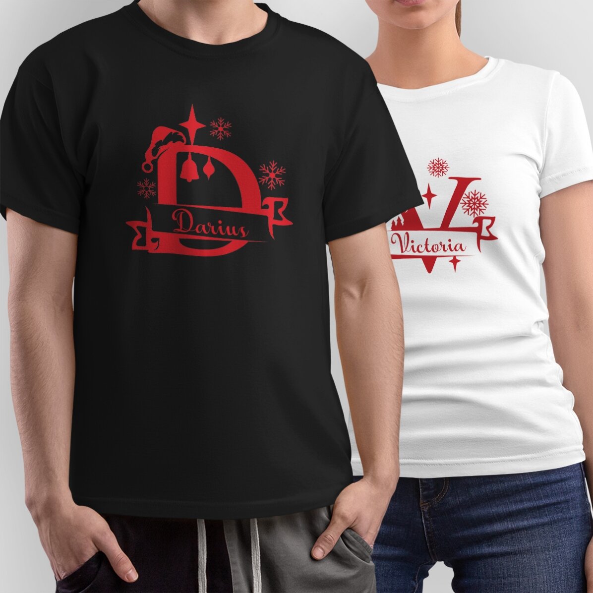 T-shirt en coton personnalisé avec une initiale et un prénom - modèle de Noël