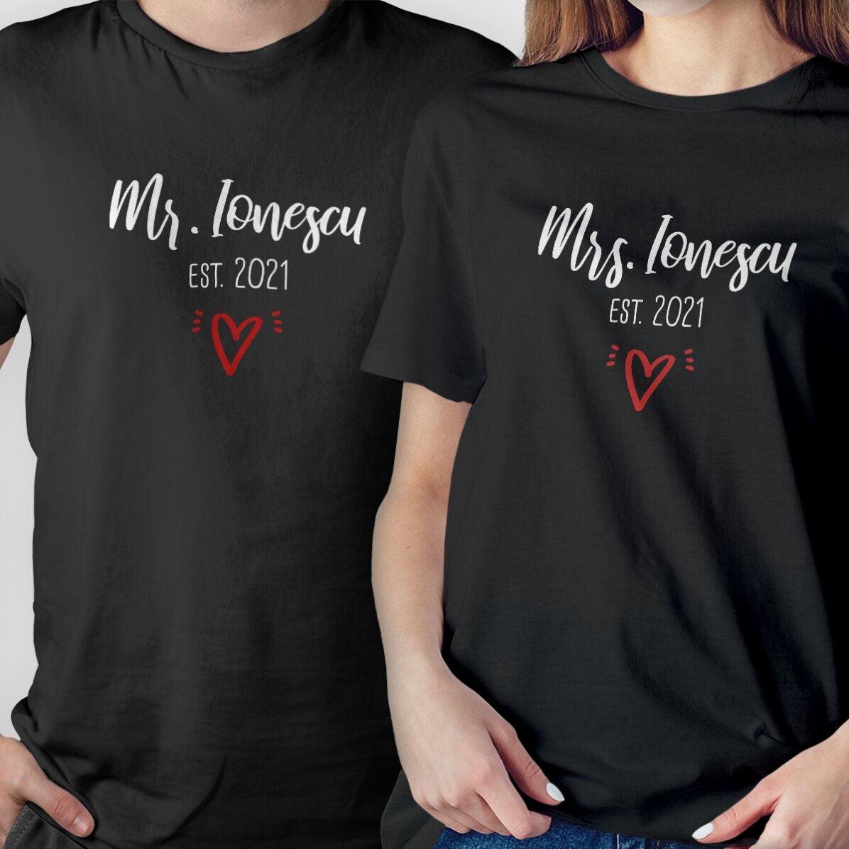 T-shirt en coton personnalisé avec inscription - Mr & Mrs