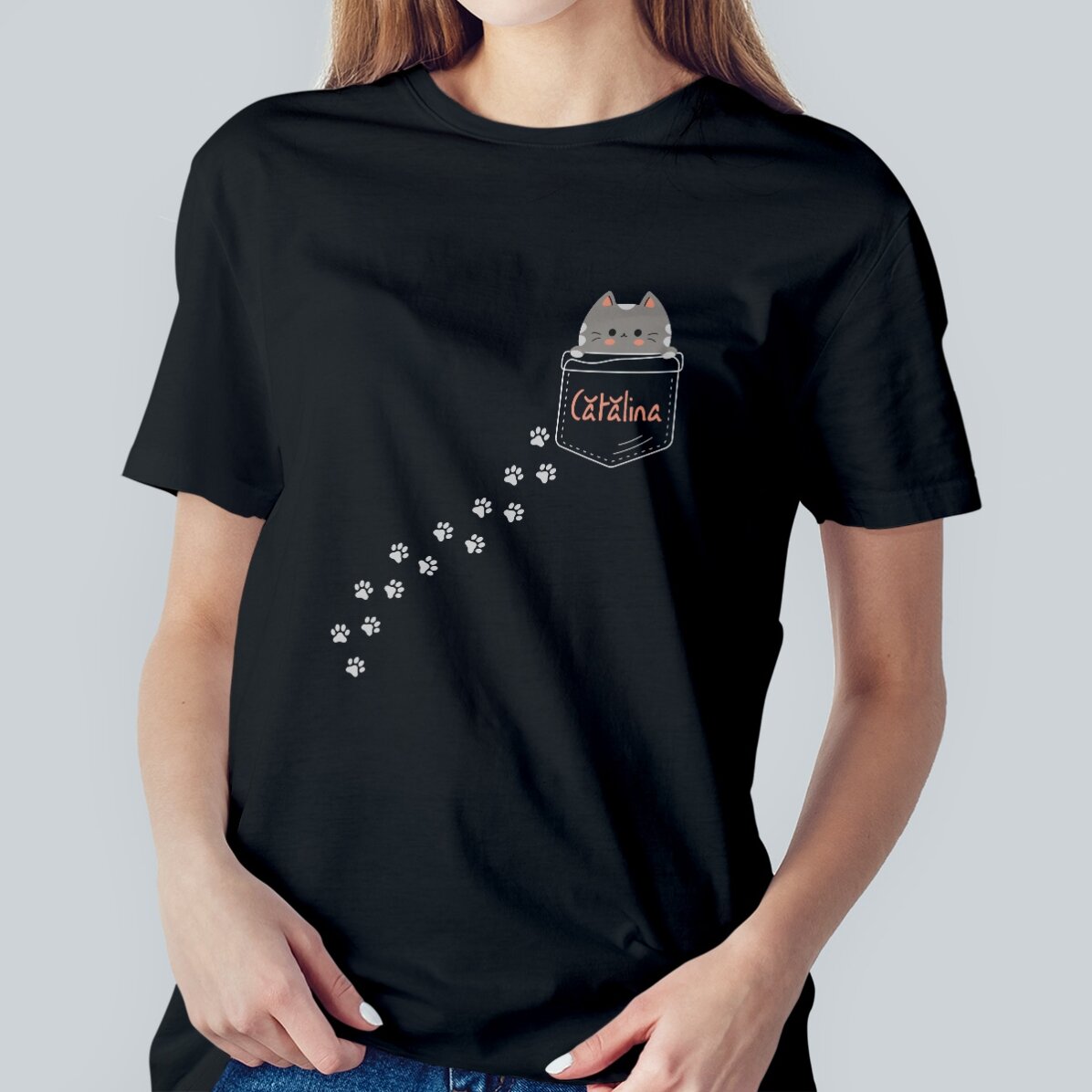 T-shirt en coton personnalisé avec un texte - Le petit chat caché