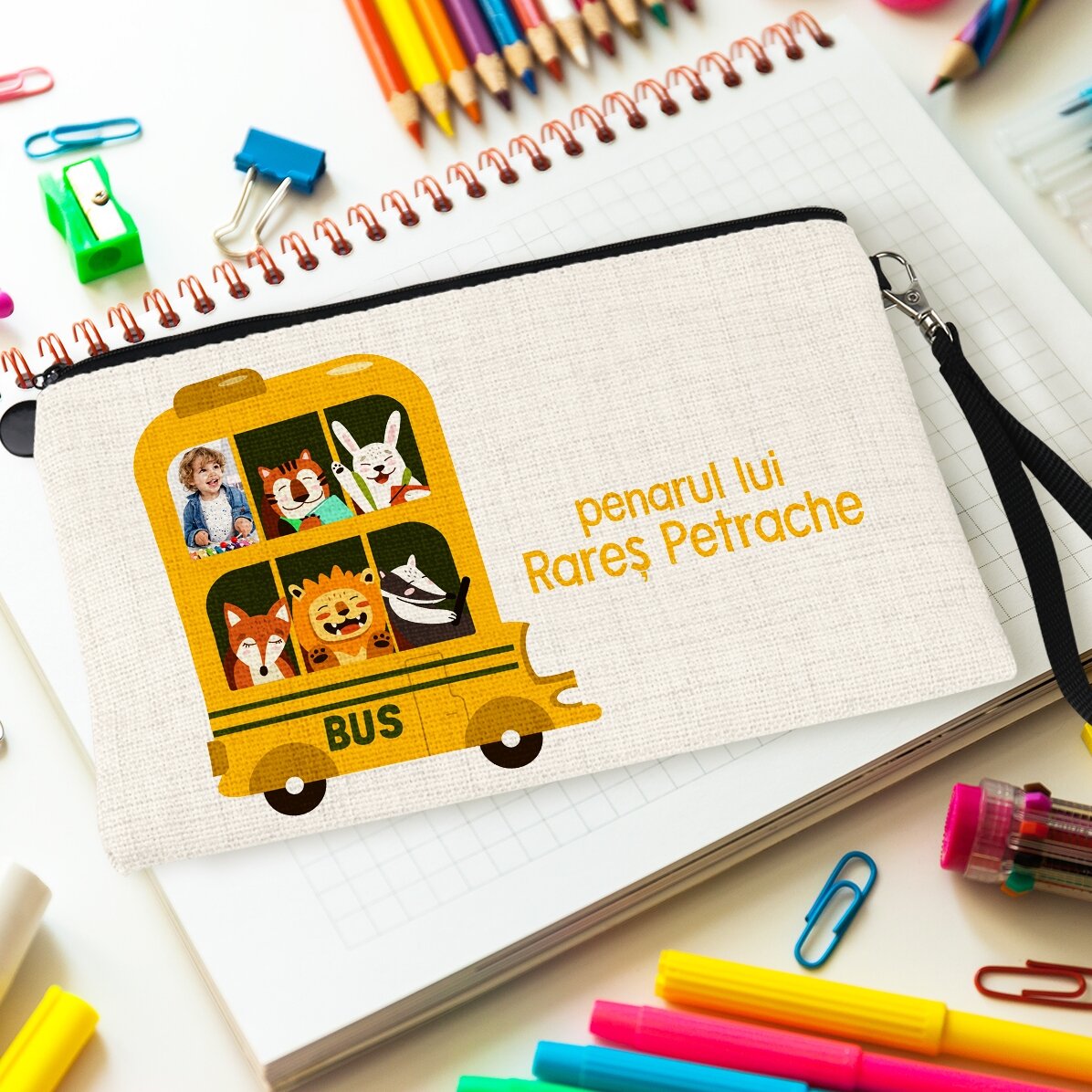 Trousse scolaire personnalisée avec photo et texte - Bus