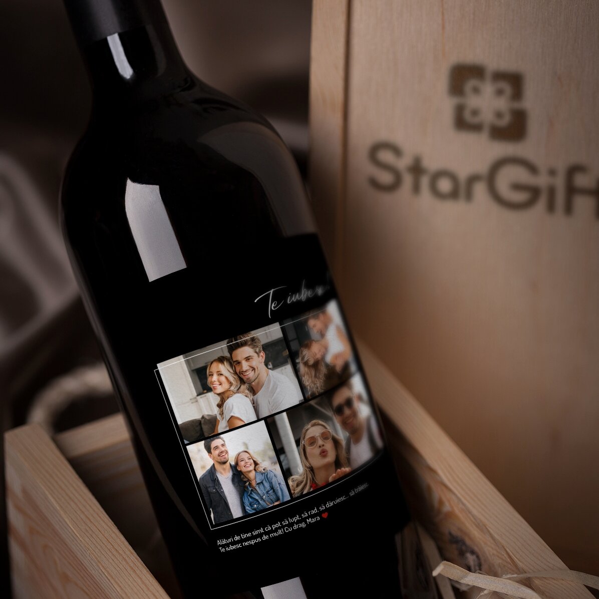 Vin personnalisé avec 4 photos et un texte pour mon chéri