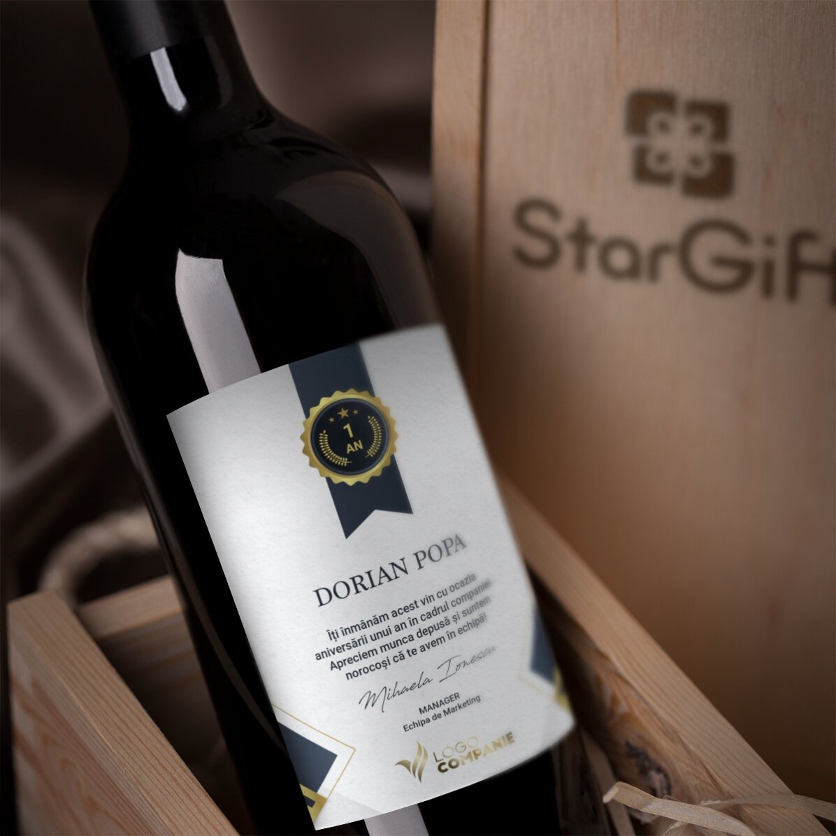 Vin personnalisé avec logo et texte - Remerciements aux employés
