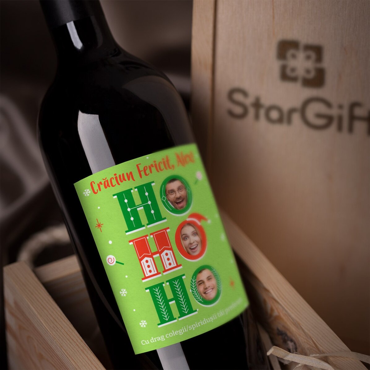 Vin personnalisé avec un message et 3 photos de Noël - HO HO HO