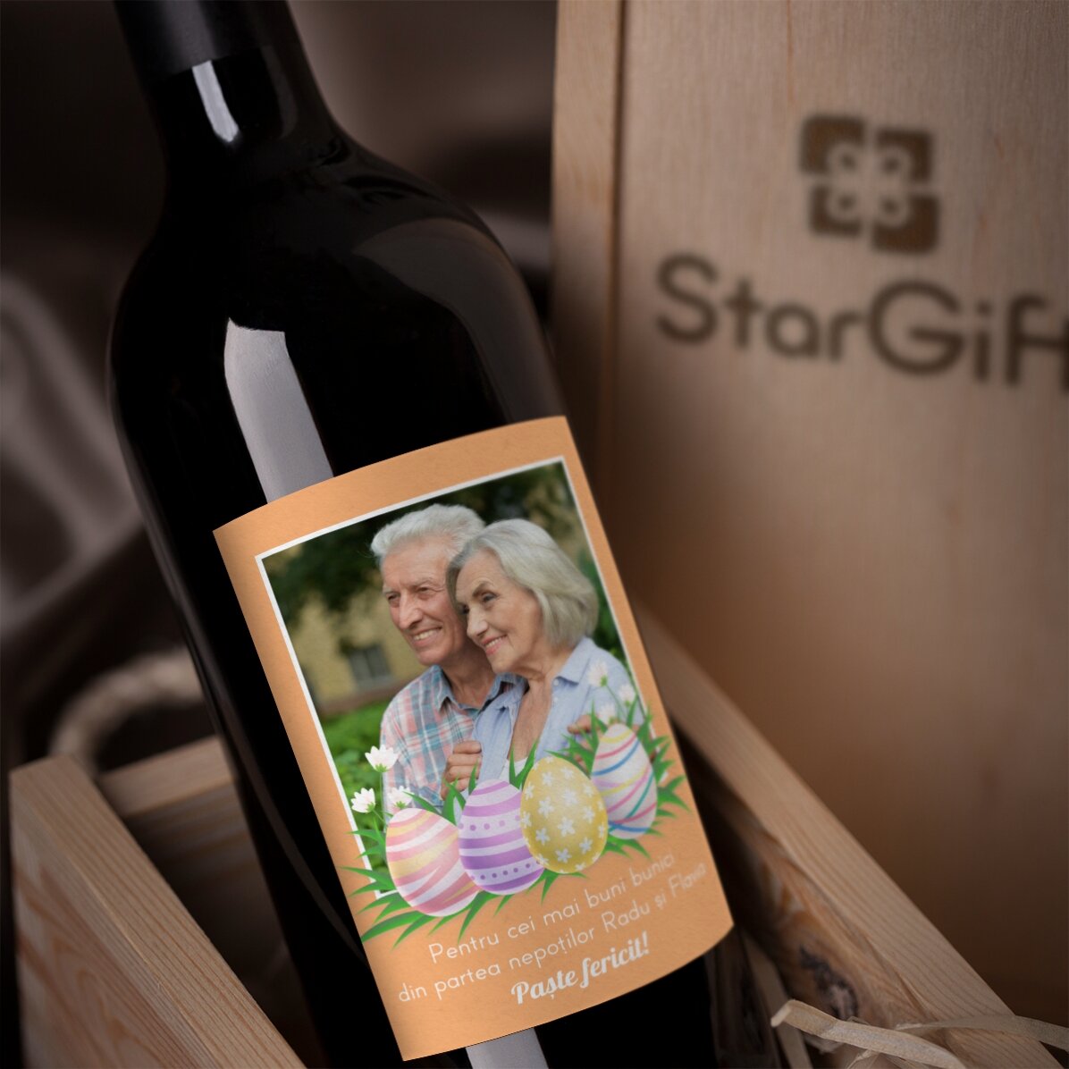 Vin personnalisé avec une photo et un message pour Pâques