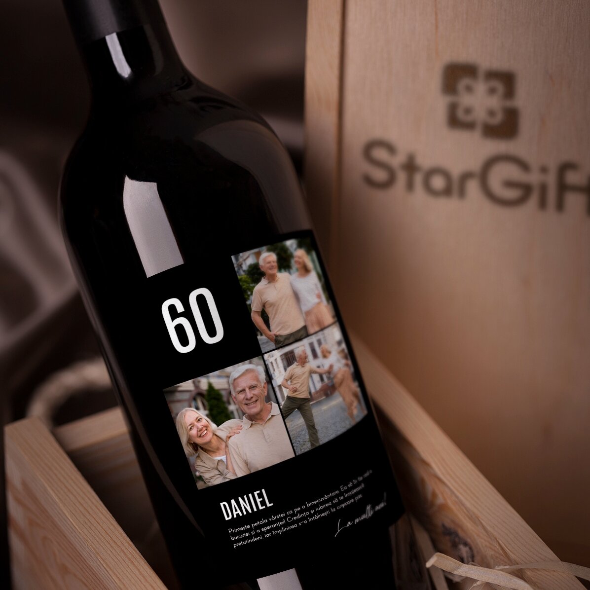 Vin personnalisé avec un texte et 3 photos pour un anniversaire - 60
