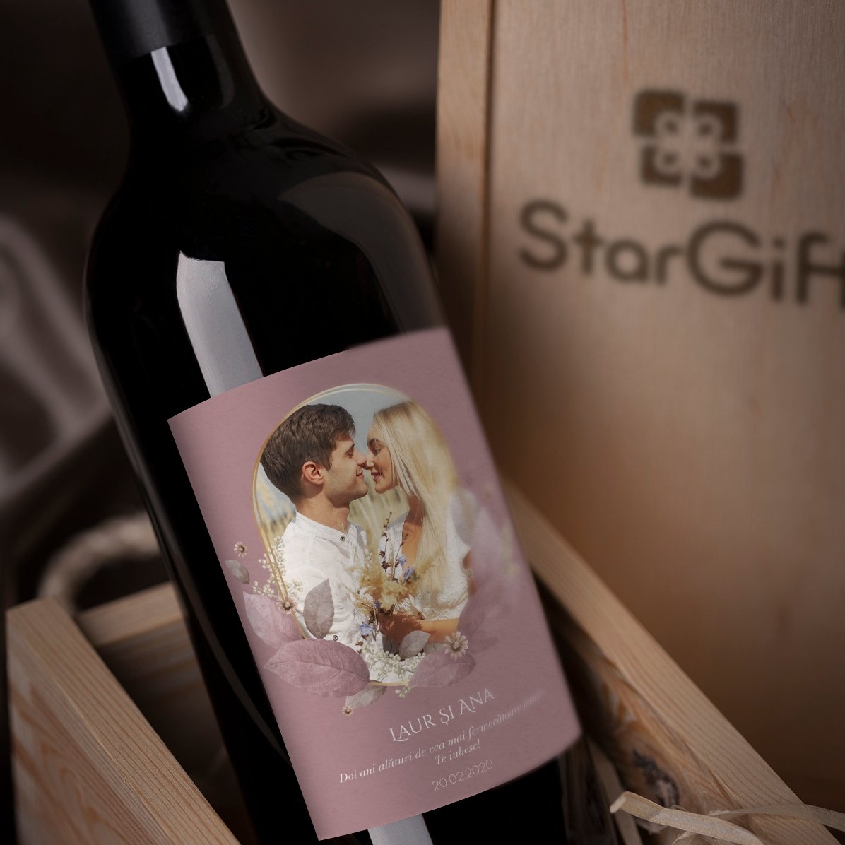 Vin personnalisé avec texte et photo - Floral