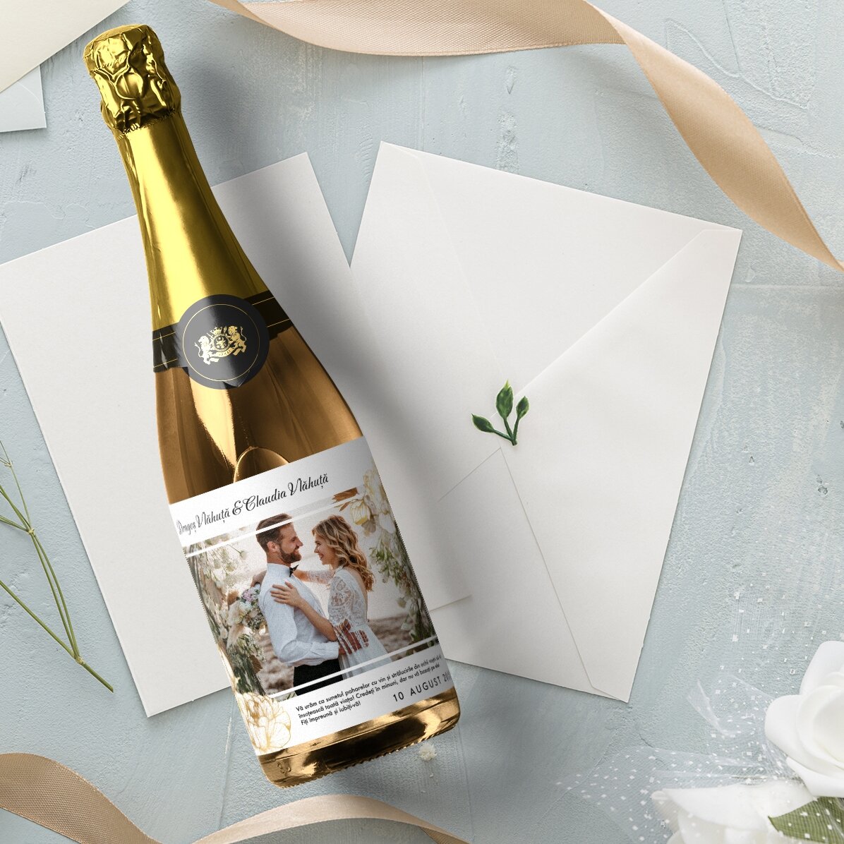 Vin mousseux personnalisé avec texte et photo - Vœux de mariage